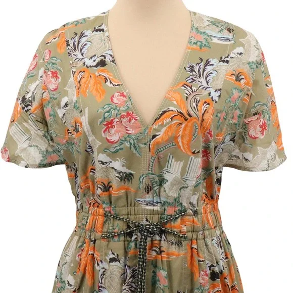 Peter Pilotto Khaki Cotton Floral Gathered Short Sleeve Dress US Size 8 - Picture 4 of 10